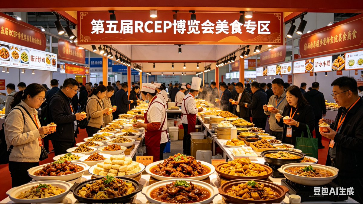 逛展寻味，舌尖环游世界！第五届RCEP博览会美食专区热闹非凡。临沂炒鸡、沂水丰糕等本土老字号飘香，搭配各国异域风味美食。全球美味同台，沂蒙烟火碰撞海外风味，一口尝遍山河百味，以美食为媒，拉近中外距离，味蕾共赴盛会。#临沂美食 #逛展美食