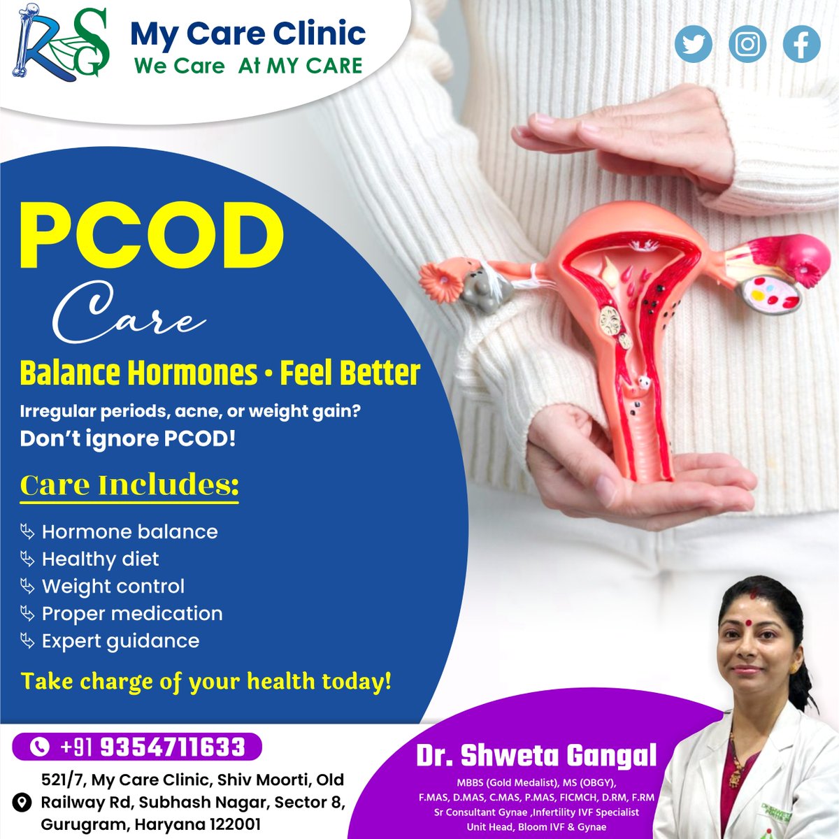 My_Care_Clinic's tweet image. Struggling with irregular periods, acne, or weight gain? It could be PCOD — and it’s manageable with the right care 💙
At My Care Clinic, we help you restore hormonal balance and feel your best again 🌿

#PCODCare #WomensHealth #HormoneBalance #HealthyLiving #GurugramDoctors