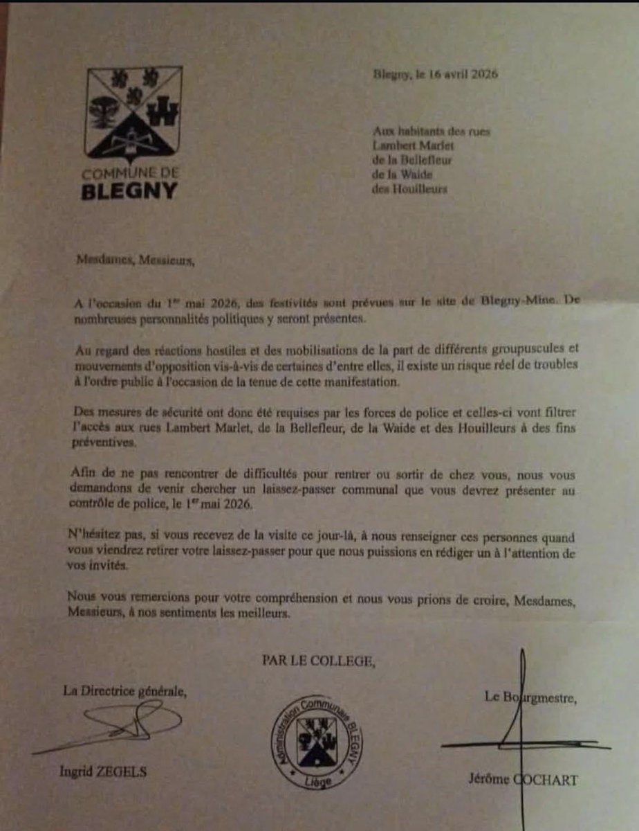 michelhenrion's tweet photo. Pour le 1er mai volé de @GLBouchez à Blegny, le bourgmestre MR impose... des laisser-passez aux habitants et à leurs proches>
 "Afin de ne pas rencontrer de difficultés pour rentrer ou sortir de chez vous, nous vous demandons de venir chercher un laissez-passer communal que vous devrez présenter au contrôle de police, le 1er mai 2026. N'hésitez pas, si vous recevez de la visite ce jour-là, à nous renseigner ces personnes quand vous viendrez retirer votre laissez-passer pour que nous puissions en rédiger un à l'attention de vos invités." #Liberticide
