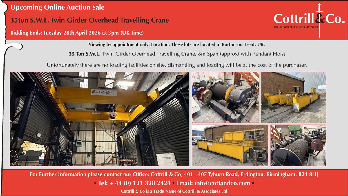 Cottrill_and_Co's tweet image. 📆 Online #Auction Sale - 28 Apr 2026 - 35ton S.W.L. Twin Girder Overhead Travelling Crane #cnc #EngineeringUK #engineering #ukmfg #usedmachines #manufacturinguk #manufacturing 

Link to Auction: cottandco.com/en/lots/auctio…