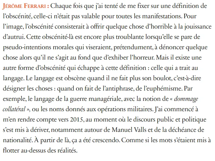g_gendron's tweet photo. Dans @Revue21_ , le Prix Goncourt Jérôme Ferrari sur les mots et la guerre.   

«Le langage est obscène quand il ne fait plus son boulot, c’est-à-dire désigner les choses : quand on fait de l’antiphrase, de l’euphémisme.»

https://t.co/qROA96X8AN https://t.co/qq432me22c