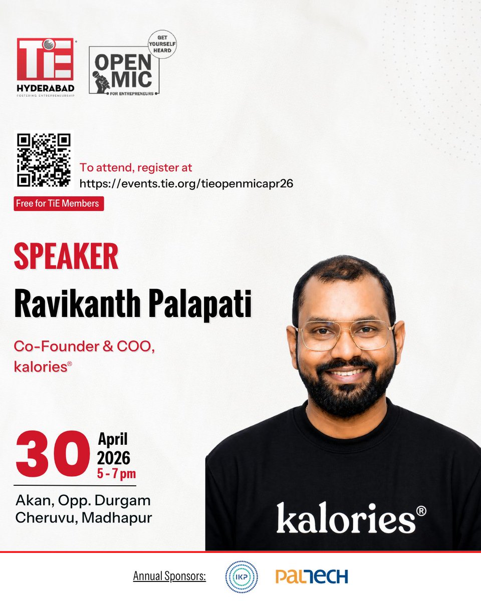 TiEHyderabad's tweet image. Speaker Spotlight: Ravikanth Palapati, Co-founder &amp;amp; COO, kalories®

Join him at TiE OpenMic – April Edition 2026
Apr 30 | 5 PM | Madhapur

Register - events.tie.org/tieopenmicapr26

#TiEHyderabad #Startups #D2C #Wellness