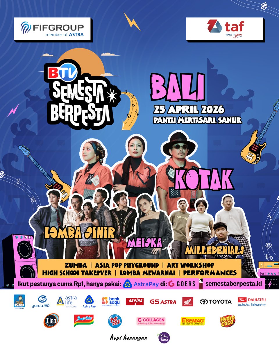 btvidofficial's tweet image. HERE WE GO LINE UP BALI!🌅⁣⁣
⁣
Ini kan yang kalian tunggu?😝 Yuk seru-seruan di Pantai Mertasari Sanur bareng Kotak, Lomba Sihir, dan Meiska.
⁣
#SemestaBerpesta #SemestaBerpesta2026 #Bali #KonserBali