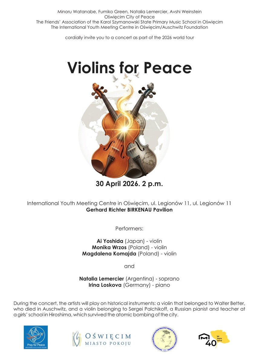WatanabeM496326's tweet photo. Official poster from Oświęcimn for our concert of 30th(Thu) April from 14h.
At the International Youth Meeting Center of Oświęcimn, city of Peace.
https://t.co/oOM77rkFDC https://t.co/IoZHrWWkRN