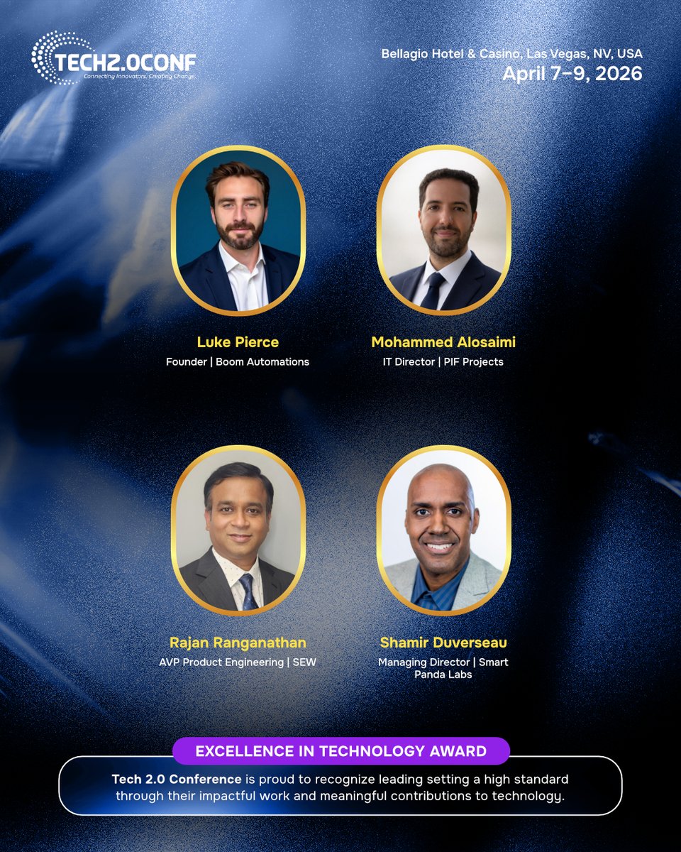 tech2conference's tweet photo. A big congratulations to Luke Pierce, Mohammed Alosaimi, Rajan Ranganathan &amp; Shamir Duverseau on receiving the Excellence in Technology Award at Tech 2.0 Conference, Las Vegas 2026. ✨

A testament to their excellence and contributions to tech.

#Tech2Conf #Recognition https://t.co/A7jLHgQZod