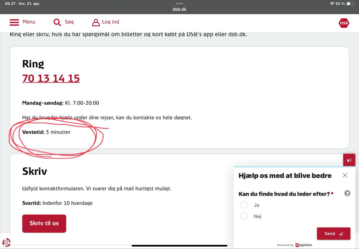 Birgitc2's tweet photo. @omDSB Måske skal I sige til nogen i DSB at “ventetid 3 min” er fjollet at skrive som standard på hjemmesiden når jeg fx pt er nr 27 i køen - det når I sgu ikke på 3 min 😂
Men selvf: hvis alternativet er 10 dages svartid på en mail, så er tlf nok vejen frem. https://t.co/9ZmPaBFrEq