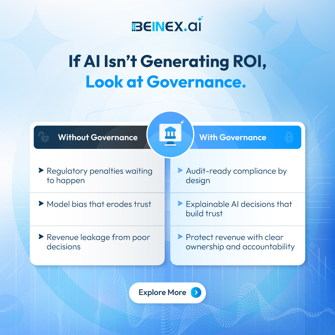 BeinexOfficial's tweet image. If #AI isn’t driving ROI, the issue is #governance. Without it: penalties, bias, and #revenueleaks. With it: #compliance, explainable decisions, and accountability.
Learn how #Beinex helps you turn AI into a value-driving asset.
Explore more: lnkd.in/gBgzQYYF