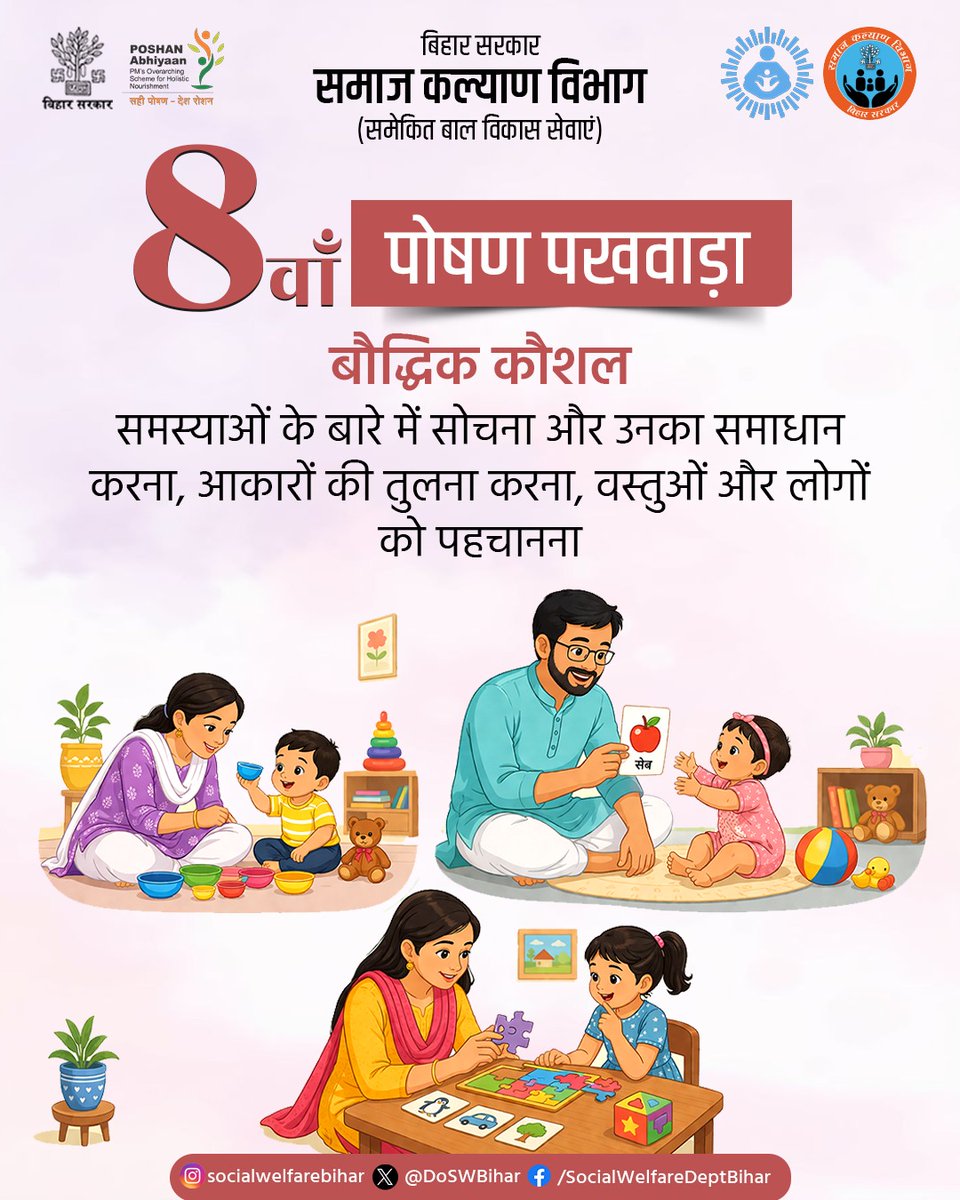 DoSWBihar's tweet image. जब बच्चे सोचते, समझते और पहचानते हैं तभी उनका बौद्धिक विकास मजबूत होता है।
खेल-खेल में सीखने का माहौल दें और उनके उज्ज्वल भविष्य की नींव रखें।

@BandanaPreyashi
#पोषणपखवाड़ा #BrainDevelopment #LearningThroughPlay #ChildCare #EarlyLearning #स्मार्टबचपन