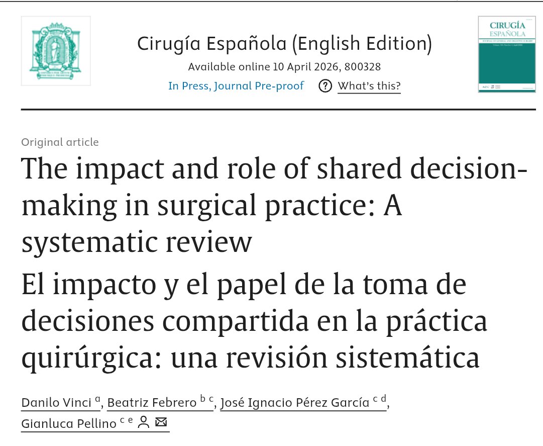 GianlucaPellino's tweet photo. Evidence from @aecirujanos Patient Relations Group: 
"The impact and role of shared decision-making in surgical practice: A systematic review"

Full text
https://t.co/5bK6boRtmp

Join the group here:
https://t.co/vdp7ae3llW

@vinci_danilo 
@BeatrizFebrero 

@DrMunozdeNova https://t.co/RgctA3Yq3L