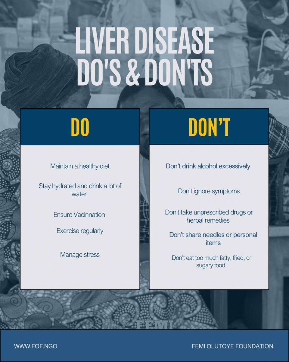 femiofoundation's tweet image. DO: Drink water, eat greens, exercise. ✅

DON'T: Overload on alcohol, processed food, self-medicate. ❌

Your liver keeps score.

#LiverHealth #DosAndDonts #FOF