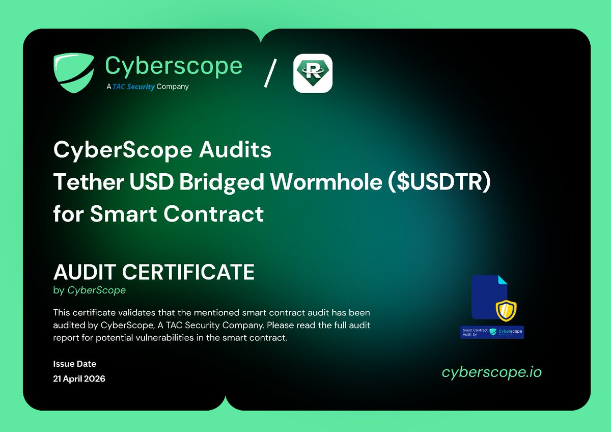 CRYPTOFINTECH27's tweet photo. 🔐 USDTR Security Update

We’re pleased to announce that the smart contract audit for USDTR – Tether USD Bridged Wormhole has been successfully completed by Cyberscope.

✅ 0 Critical Issues
✅ 0 Medium Issues
📄 Audit Report: https://t.co/9RFfGEqAEq

🔒 Liquidity Locked for 1 Year (UNCX)
🔒 10% Token Supply Locked for 1 Year (Team Finance)

We remain committed to transparency, security, and long-term growth.

#USDTR #CryptoFintech #Crypto #BSC #DeFi #Audit #Security