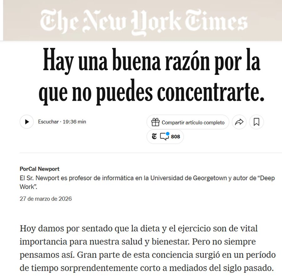 ¿Cómo reforzar nuestra atención y pensamiento cognitivo? 

La fragmentación de la atención no es falta de disciplina, lo provocan el diseño de App móviles y ahora la IA Clave controlar la dependencia tecnológica, más lectura o silencio by Newport nytimes.com/2026/03/27/opi…