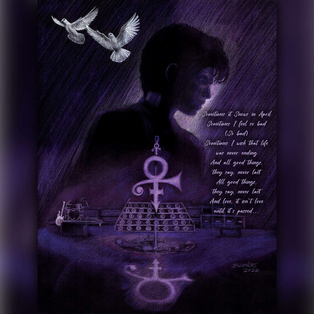robertsimages's tweet image. “April Snow”  10 years since Prince passed on this date. This song about a close friend’s loss was written April 21st, 1985 by Prince, Wendy And Lisa. Song hits different now after finding out that fact. Prismacolor pencil on black paper. #prince #wendyandlisa