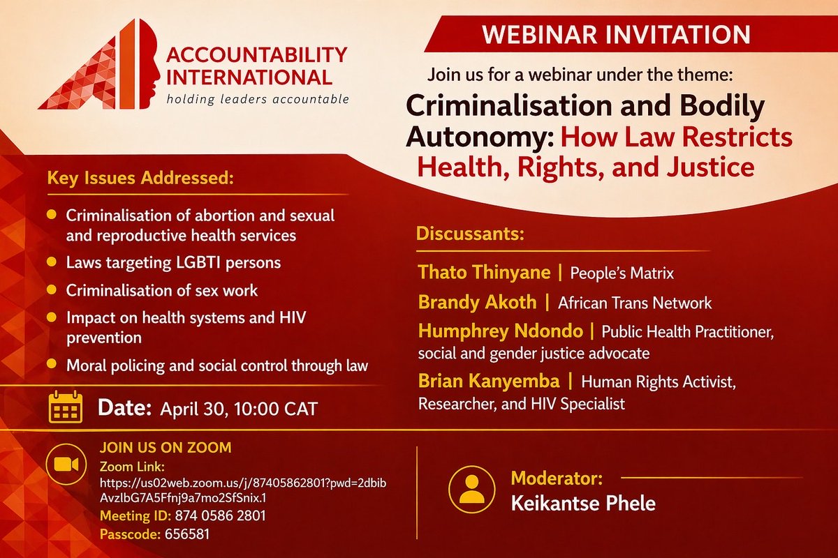 Account4All's tweet image. Webinar invitation on #Criminalisation &amp;amp; #BodilyAutonomy 
April 30th 10:00-11:00CAT
Link in the poster below
@Saafricango @africantransnet @frontlineaids @UNAIDS_ESA @galzinf @GBGMC_Int @aids_sa @AHFcares @ejaf @ginssogie @PanAfricaILGA @UNDP @sadcpf @RightifyGhana @AHFcares