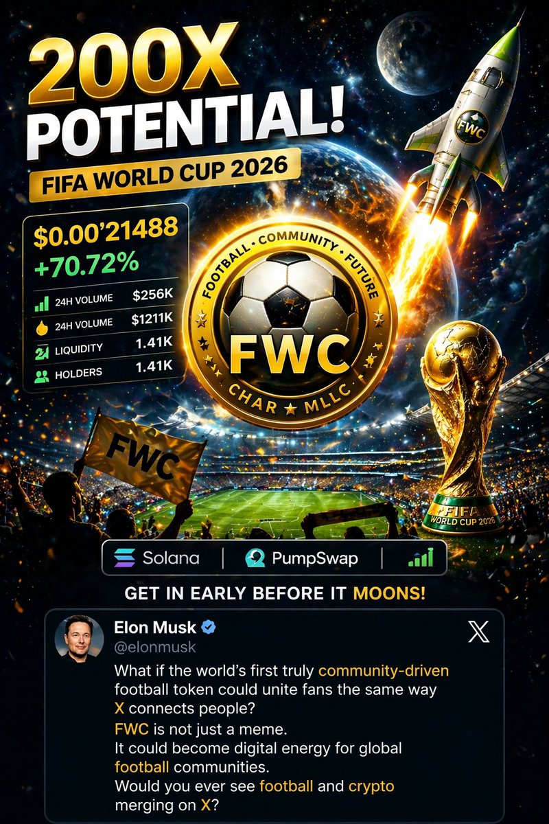 Aymex07's tweet photo. @OmarSAlolama @elonmusk @SpaceX @Tesla @boringcompany HxWrnZznqF5iYf3ckMw3FTaZQvubB53ohzpjPSNUpump. 

@elonmusk

DOGE became internet culture.

Could football become the next global crypto movement?

FWC might be where sports, community and digital finance finally meet. https://t.co/XRMVKcIco5