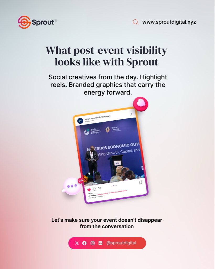 _sproutdigital's tweet photo. Your event shouldn’t end when the lights go off. 

The real value is in how it continues to live online through content, conversations, and visibility that keeps your brand top of mind.

#eventmarketing #digitalstrategy #contentcreation #brandvisibility #socialmediastrategy https://t.co/PxnNpuAme3