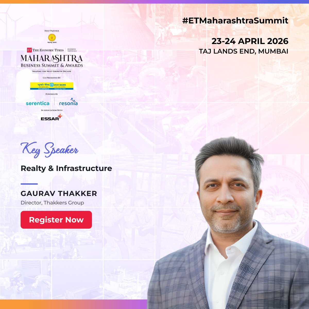 Realty_Et's tweet image. We are pleased to welcome Gaurav Thakker, Director, Thakkers Group to the Maharashtra Business Summit &amp;amp; Awards 2026. 

23–24 April 2026 | Taj Lands End, Mumbai

Register now: b2b.economictimes.indiatimes.com/maharashtra-bu…

#ETMaharashtraSummit #MaharashtraBusinessSummit #RealEstateLeadership