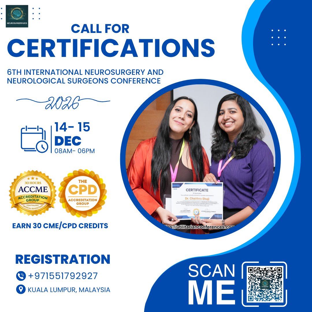 ThomasD27287's tweet image. Join us as a featured certificate at the 6th International #Neurosurgery &amp;amp; #Neurological Surgeons Conference, from Dec 14–15, 2026, in Malaysia.

WhatsApp: wa.me/+971551792927
Register Now: …urosurgery.utilitarianconferences.com/registration