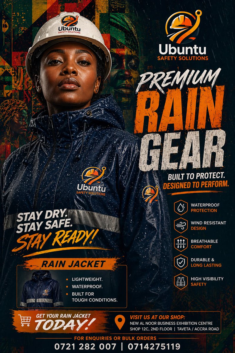 Stay dry. Stay safe. Stay ready. 🌧️🦺
Premium rain jackets built for tough conditions.

#RainGear #StayDry #SafetyFirst #PPEKenya #Workwear #HighVisibility #AllWeatherProtection #UbuntuSafety