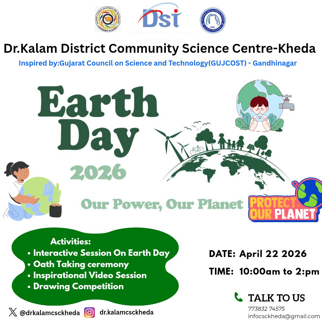 drkalamcsckheda's tweet image. 🌍✨ Celebrating World Earth Day 2026 ✨🌱

@drkalamcsckheda, Kheda is all set to celebrate #EarthDay tomorrow!

📅 22 April | ⏰ 10 AM – 2 PM

🌿 Join us for awareness &amp;amp; activities to protect our planet!

Let’s come together build a greener future! 🌳♻️
 #OurPowerOurPlanet