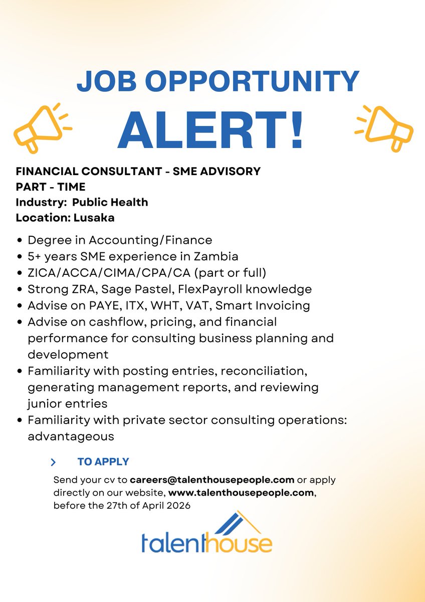 TalentHouseZM's tweet image. Join our client's financial team as a part time Financial Consultant! This is the perfect opportunity to earn extra income while utilizing your financial expertise. Apply today via this Link: talenthousepeople.com/jobs/financial…
#recruitment #FinancialConsultant #JobsinZambia