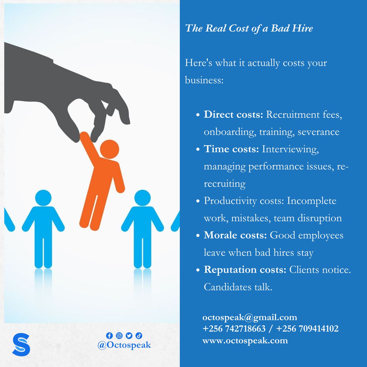 octospeak's tweet photo. Industry estimate: A bad hire costs 30% of first-year salary. In East Africa, that's 3-9 months' salary wasted.
The solution? Get hiring right the first time.

Octospeak's recruitment process is built to find people who fit, skills and culture.

#Octospeak https://t.co/HaWrXgMc33