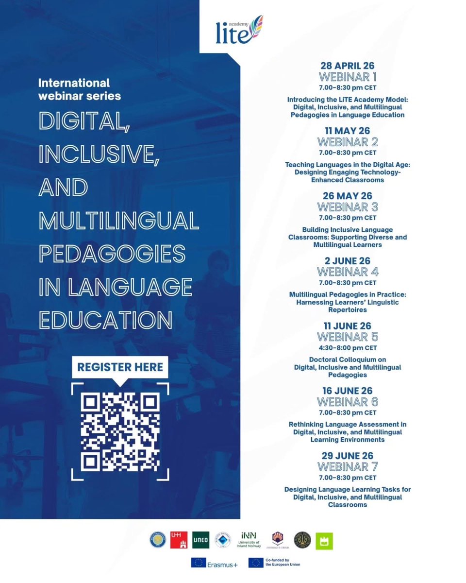 tuncerca's tweet photo. 🌍 LiTE Academy Webinar Series is Launching!

Join our international webinar series on
Digital, Inclusive, and Multilingual Pedagogies in Language Education.

👉 Scan the QR code to register and join us!
To enroll: https://t.co/lq726n8SYD https://t.co/mcBxnJNhbM