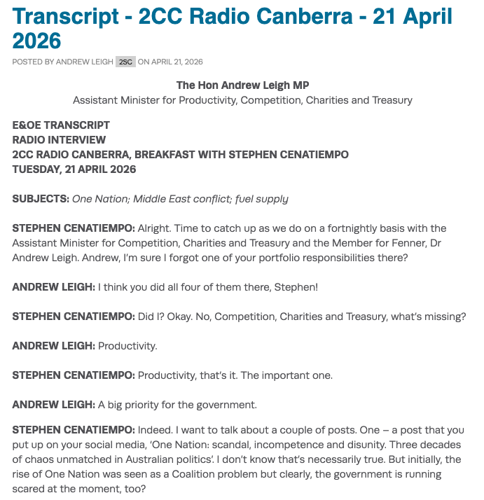 ALeighMP's tweet image. Some parties offer policy. Some offer protest. One Nation has spent three decades perfecting a third category: chaos with branding. andrewleigh.com/transcript_2cc… #auspol