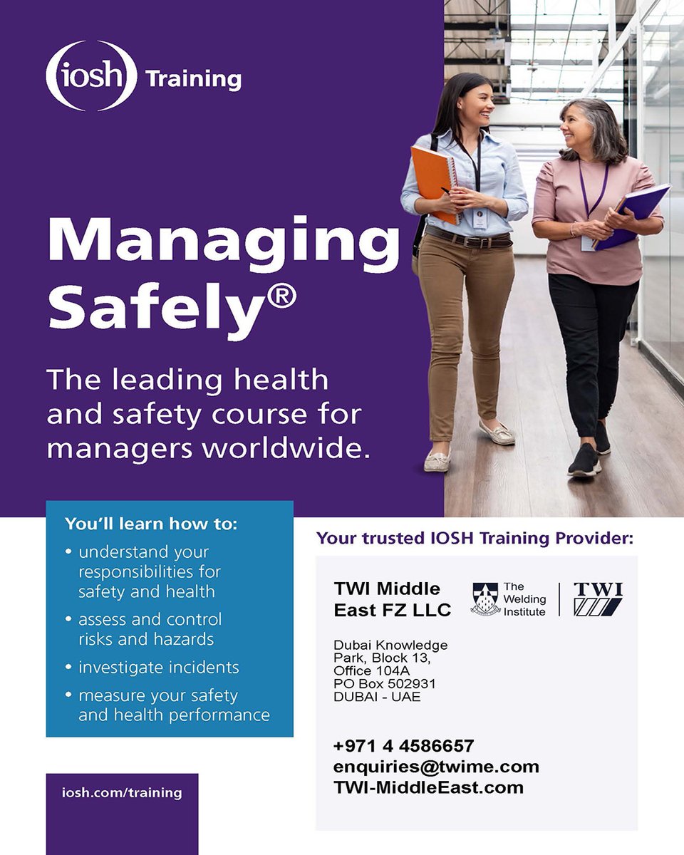 twiuae's tweet image. Safer workplaces aren’t by chance—they’re built on knowledge, training &amp;amp; culture. 

TWI delivers IOSH #training that turns awareness into action.  

📧 Enquiries@twime.com 
#HealthAndSafety