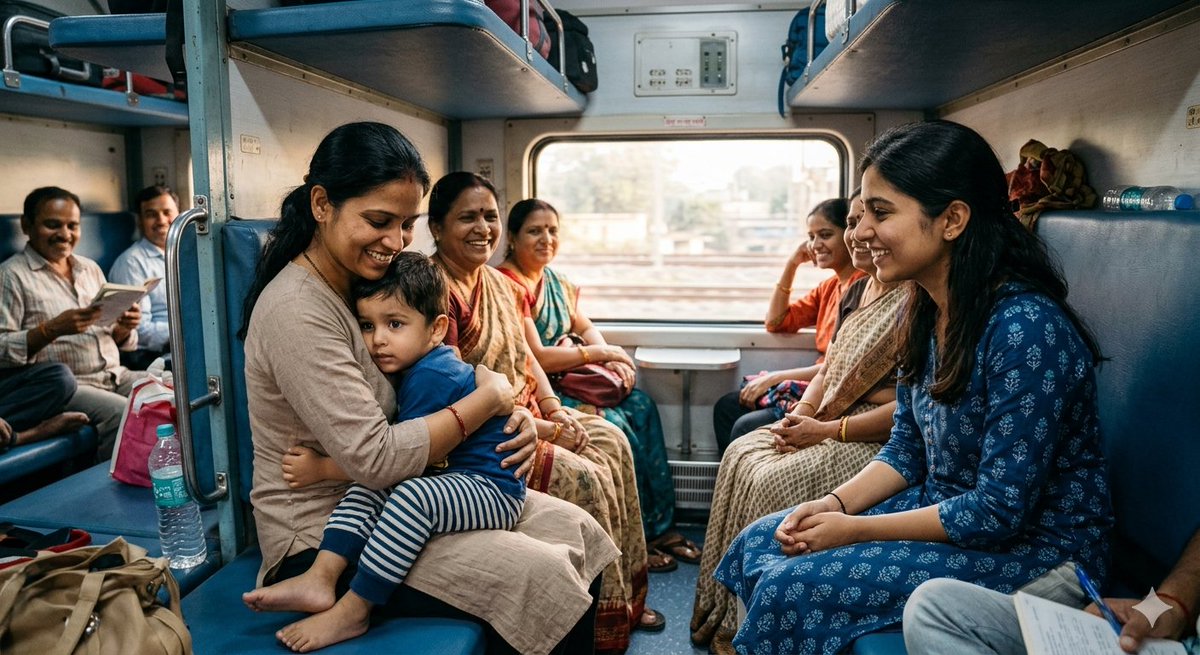 ट्रेन में एक करीब 3 साल का छोटा बच्चा जोर-जोर से रो रहा था 😢

उसकी मम्मी उसे चुप कराने की पूरी कोशिश कर रही थीं,
लेकिन बच्चा शांत ही नहीं हो रहा था…
और उसका रोना धीरे-धीरे और तेज़ होता जा रहा था।

ट्रेन बहुत ज्यादा भरी नहीं थी,
लेकिन फिर भी लोगों की नजरें उसी मम्मी और बच्चे पर