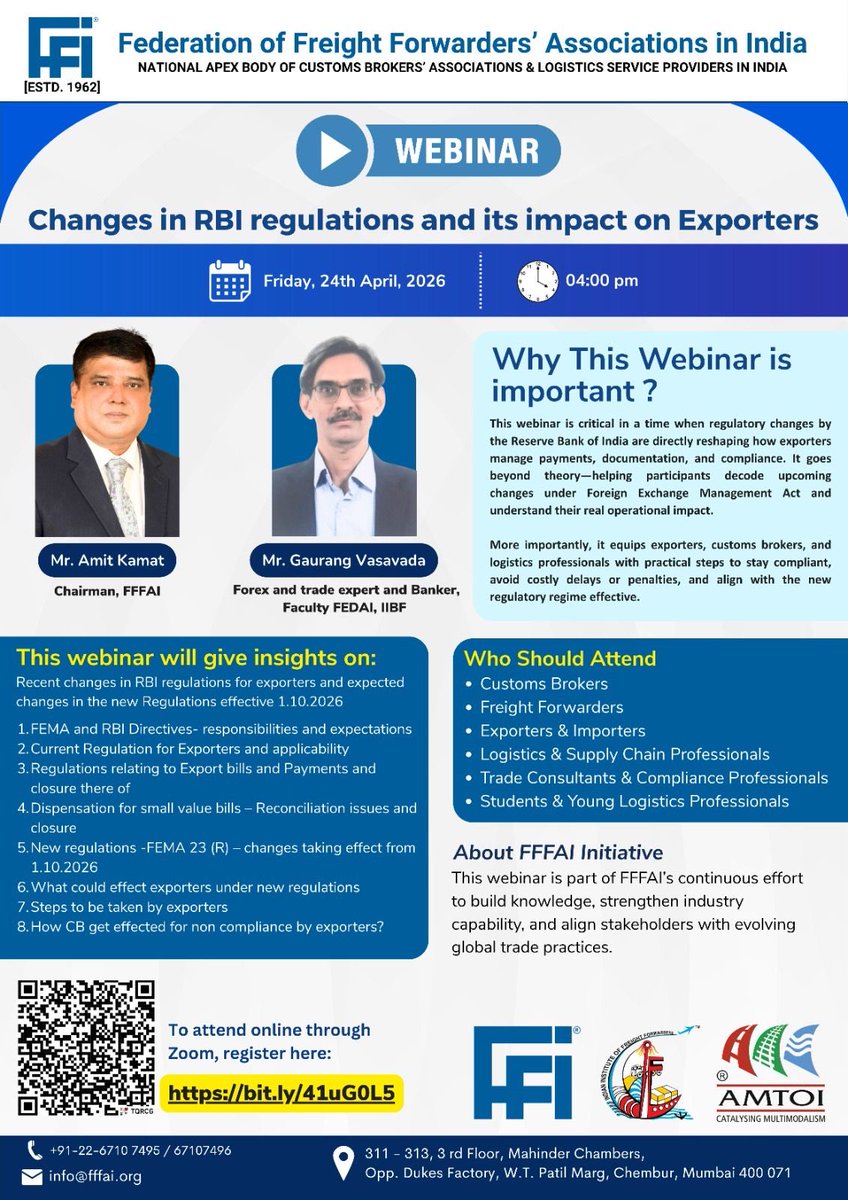 FFFAI_INDIA's tweet image. Federation of Freight Forwarders’ Associations in India webinar on “RBI Regulations &amp;amp; Impact on Exporters” 

📅 24 Apr | 📷 4 PM

Decode key updates, avoid compliance risks &amp;amp; stay aligned. 
lnkd.in/gFa8U6N9

#FFFAI #RBI #Webinar #ExportCompliance #Logistics