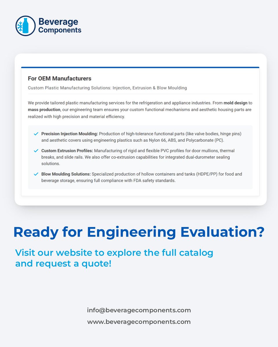 FrostoneParts's tweet image. Food-grade &amp;amp; durable plastics for beverage dispensers! 🥛⚙️

Series 5: Plastic Parts. FDA-approved HDPE containers, Nylon 66 hinges &amp;amp; ABS housings via custom injection, blow &amp;amp; extrusion. OEM tooling ready!

🔗 Specs: beveragecomponents.com/products/plast…

#OEM #Plastics