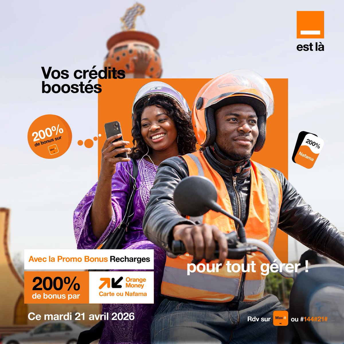 Orange_Mali's tweet image. Un Mardi qui rapporte plus !
Aujourd’hui, c ‘est 200% de bonus sur toutes tes recharges via Orange Money, Cartes à gratter et Nafama.
#BonPlan #Maxit #Promo #OrangeMali #OrangeEstLa