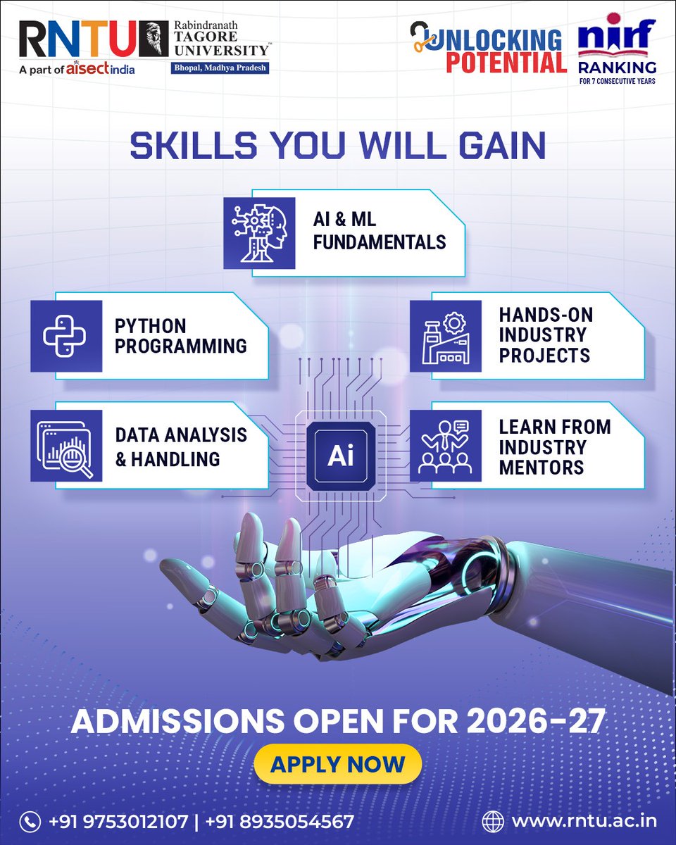 RNTUnivBhopal's tweet image. Step into the world of AI and build skills that truly shape the future 🤖🚀

With BCA (AI &amp;amp; ML) in association with Samatrix, you go beyond theory—learn Python, work on real-world projects, and gain hands-on experience with guidance from industry mentors. 

#BCA #AIML