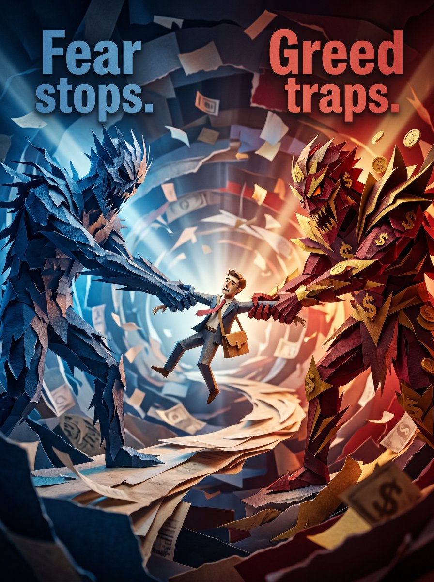 crypto_dayzz's tweet image. Master Fear &amp;amp; Greed or Lose 📷
Market ka sabse bada enemy strategy nahi…
emotion hai.
Fear entry rokta hai.
Greed exit rokta hai.
#fear #greed #tradingmindset #psychology #stockmarket