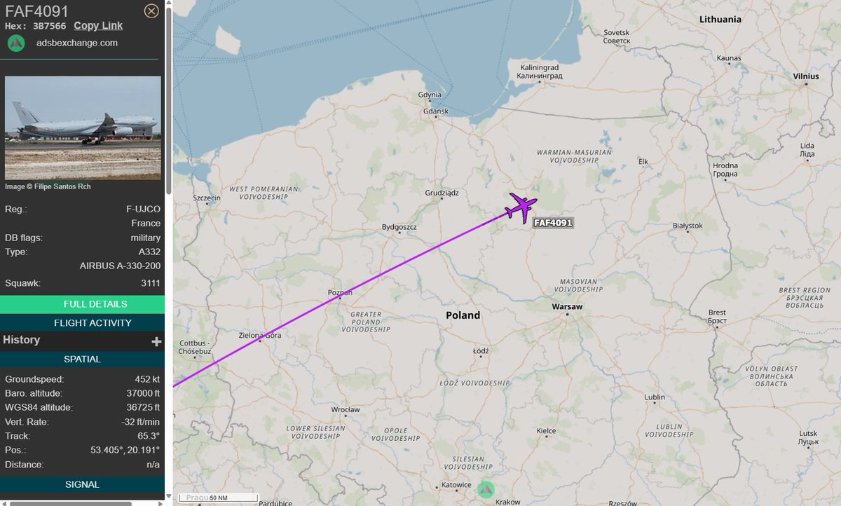 PolishMilRadar's tweet photo. 📅 21.04 🕒 09:48LT - 🇫🇷✈️ Francuski A330 MRTT tranzytem
Nad Polską przemieszcza się ✈️ #FAF4091 Airbus A330-243MRTT Phénix "F-UJCO" Francuskich Sił Powietrznych 🇫🇷. Wystartował z Bazy Lotniczej Istres-Le Tubé #LFMI 🇫🇷 i kieruje się na północny wschód, utrzymując wysokość przelotową 37 000 stóp.
🔗 https://t.co/oxx5JHHTEG
#POLMILRADAR