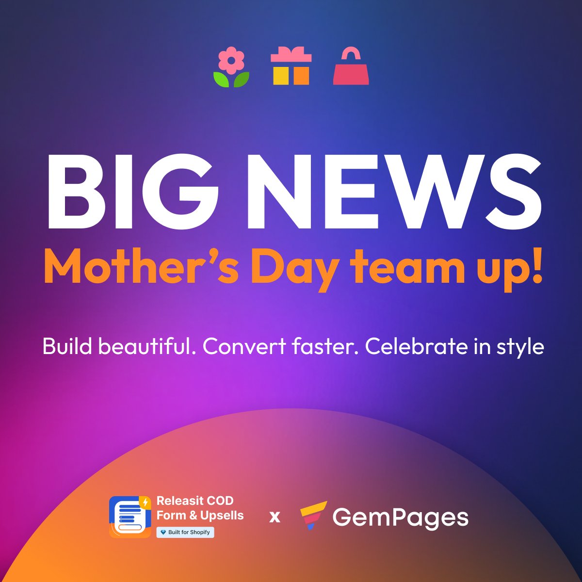 gempages's tweet photo. 💐 Big news - @releasitapps x GemPages are teaming up for Mother's Day!

As part of GemPages' official Mother's Day campaign, we're giving new Releasit users 120 free orders for their first two months. 🛍️

Turn your Mother's Day traffic into sales with:
✅ 1-click COD order forms
✅ Upsells, downsells & quantity offers
✅ Fully customizable — works beautifully with GemPages

Build beautiful. Convert faster. Celebrate in style. 🎁
👉 https://t.co/ZH12Ios5Sz 

#MothersDay #Shopify #GemPages #Releasit #eCommerce