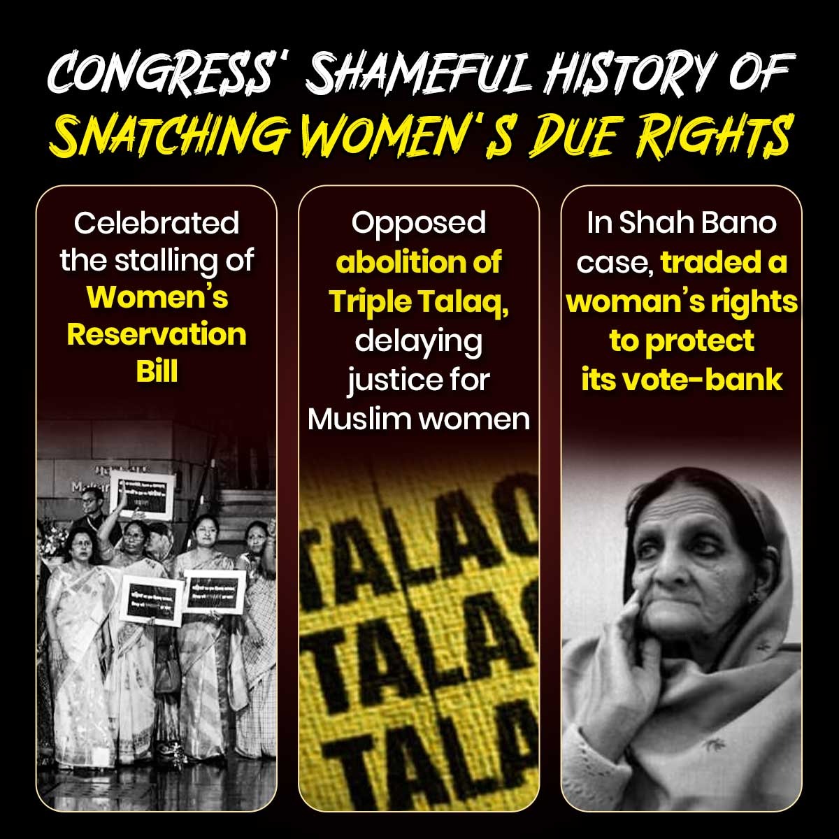 From stalling the Women's Reservation Bill, to opposing the abolition of Triple Talaq, to compromising women’s rights in the Shah Bano case — the Congress and its alliance have repeatedly put vote-bank politics over justice for women.

#AntiWomenAlliance
#MahilaVirodhiCongress