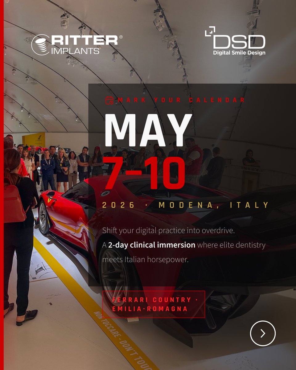 RitterDentalUSA's tweet image. Join Ritter Implants x DSD

📍 Modena, Italy
📅 May 7–10, 2026
2-day clinical immersion to elevate your digital workflow &amp;amp; full-arch planning.

Limited seats 👉
digitalsmiledesign.com/courses/intrao…

#ritterimplants #digitalsmiledesign #digitaldentistry