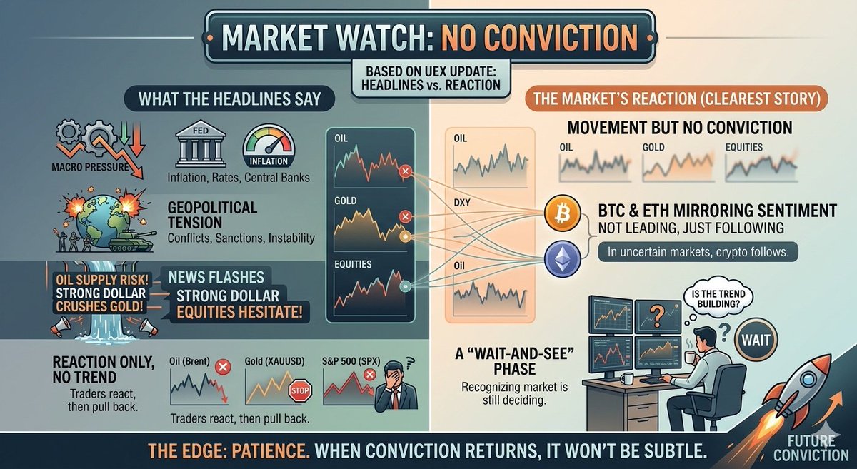 WrldEhmperor's tweet photo. Based on the latest UEX update, the market reaction is telling a much clearer story than the headlines.

We’re seeing a mix of macro pressure and geopolitical tension but the key takeaway is this: there’s movement, but no conviction. Oil is reacting to supply risks, gold is struggling against a strong dollar and equities are hesitating. It all points to the same reality that traders aren’t fully committing. They’re reacting, then pulling back.

Even BTC and ETH are following this pattern. They aren’t leading right now, they’re mirroring global sentiment.
That’s a distinction worth noting. In strong markets, crypto leads. In uncertain markets, it follows.
Right now, this feels like a "wait-and-see" phase rather than a trend-building one. The edge isn't found in chasing every move triggered by the news,it’s in recognizing that the market is still deciding its next direction.
When conviction finally returns, it won’t be subtle.