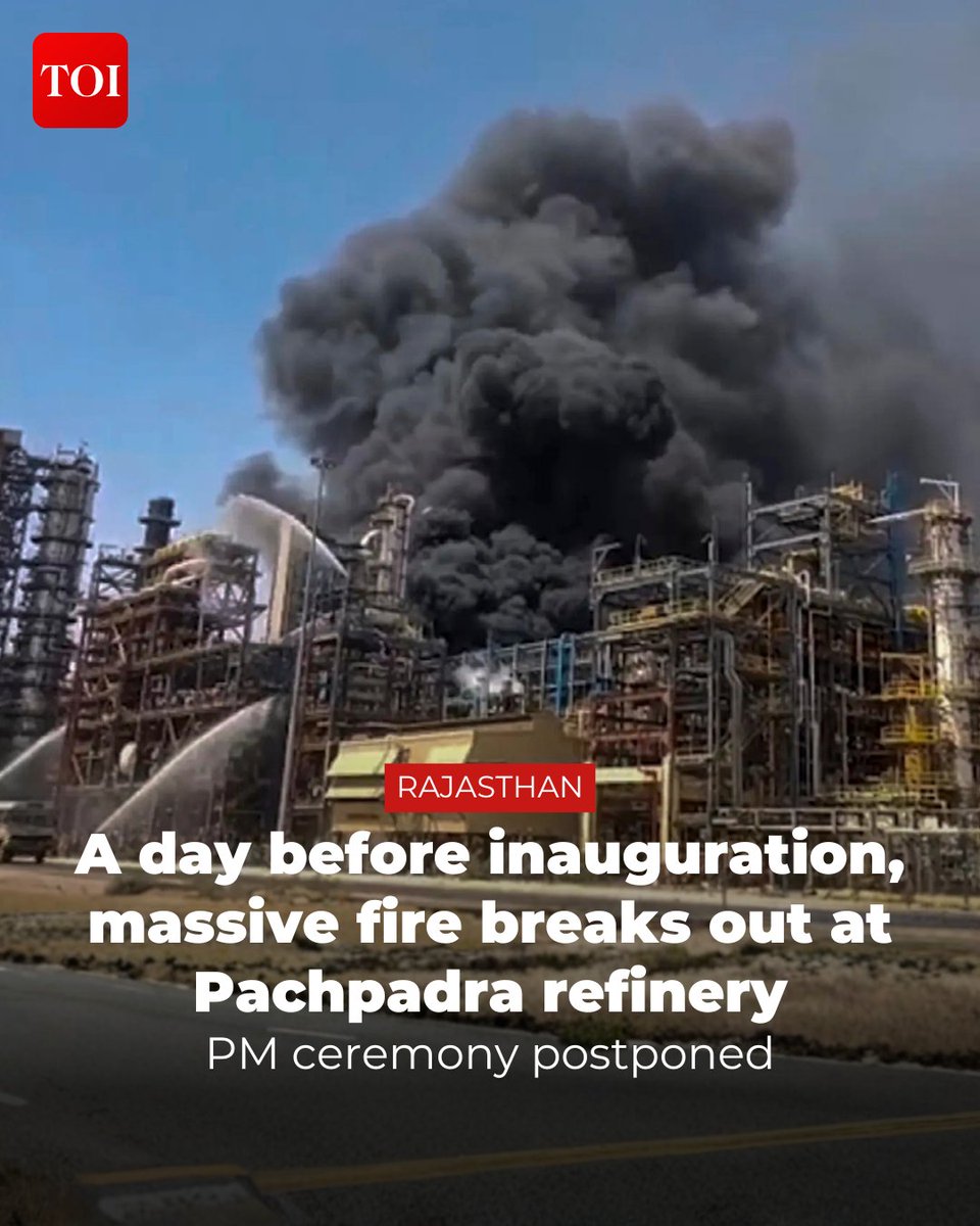 timesofindia's tweet image. #Rajasthan | A day before #PMNarendraModi was scheduled to inaugurate #Pachpadra refinery in #Balotra district, a massive fire engulfed its core processing units around 1 pm Monday, prompting authorities to order a probe.

Details here 🔗toi.in/wSzvva8