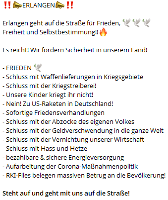 TeMeNue2021's tweet photo. Auch am #Dienstag 21.04.2026 ist #Demo Tag!
‼️ #Erlangen 18:45 #Ohmplatz
mit Zwischenkundgebung #Hugenottenplatz
‼️ #Breitenguessbach 18:00 Schilderdemo #Ortsmitte
#Frieden #Freiheit #Selbstbestimmung
echte #Demokratie #Meinungsfreiheit https://t.co/YU50uK4Rax