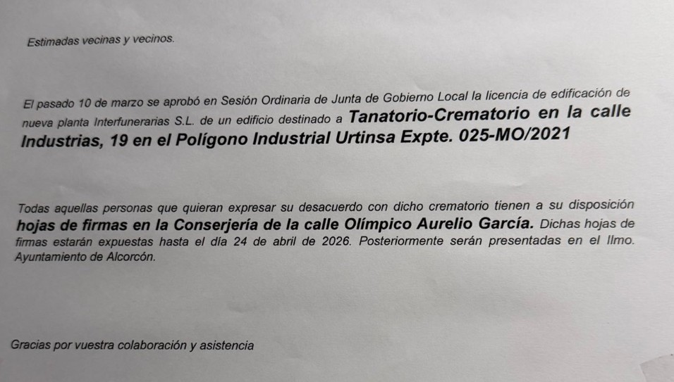 Hardcorcon's tweet photo. Importante, sobre el tanatorio que se pretende abrir en Alcorcón, en Urtinsa, muy cerca de las viviendas de Ondarreta https://t.co/0ExCNnrIb2