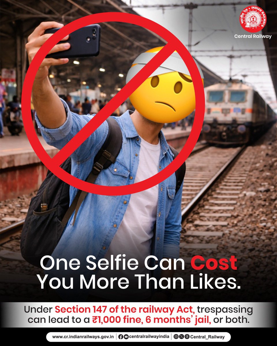 Central_Railway's tweet image. No selfie is worth risking your life. ⚠️

Avoid taking photos near tracks or moving trains.
Follow safety rules and protect yourself and others. 

#SafetyFirst #SaveForSafety #RailwaySafety #StayAlert #Centralrailways