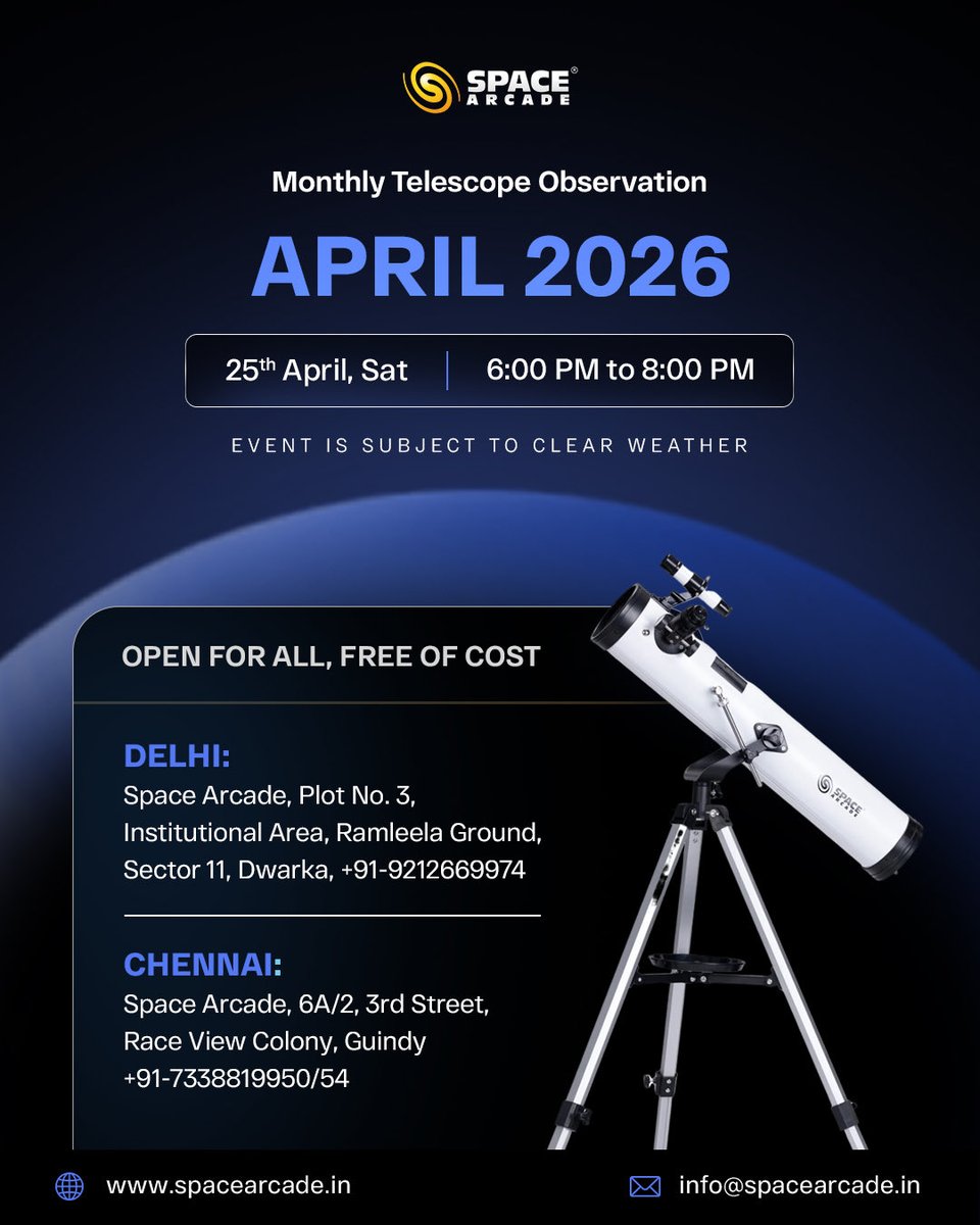 The sky is calling… and this time, it’s for everyone 🌌🔭

Join us this 25th April for a Monthly Telescope Observation and experience the universe like never before — up close, real, and unforgettable.

✨ Open for all | Free of cost
📍 Delhi &amp; Chennai
🕒 6:00 PM – 8:00 PM