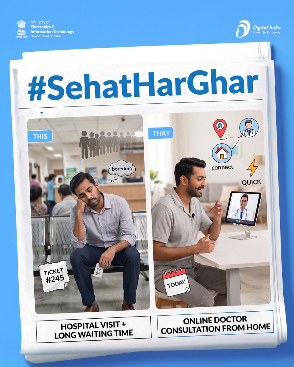 GoI_MeitY's tweet image. Aap kya choose karenge?

Doctor tak pahunch ab ghar baithe hi 📲
Waiting time kam, care zyada 💙
Aap kya choose karenge? 👇

#डिजिटलसेहत #DigitalIndia #eSanjeevani