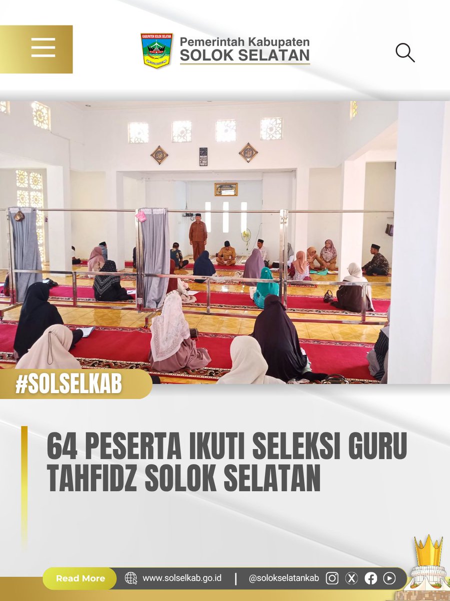 solokselatankab's tweet photo. Pemkab Solsel melalui Bagian Kesra menggelar seleksi guru Tahfidz untuk mengisi kekosongan tenaga pengajar di rumah tahfidz binaan yang tersebar di seluruh nagari. 64 peserta ambil bagian dalam seleksi yang berlangsung di Mushalla Kantor Bupati, pada Selasa (21/4/2026). https://t.co/7ch0LCZTjj