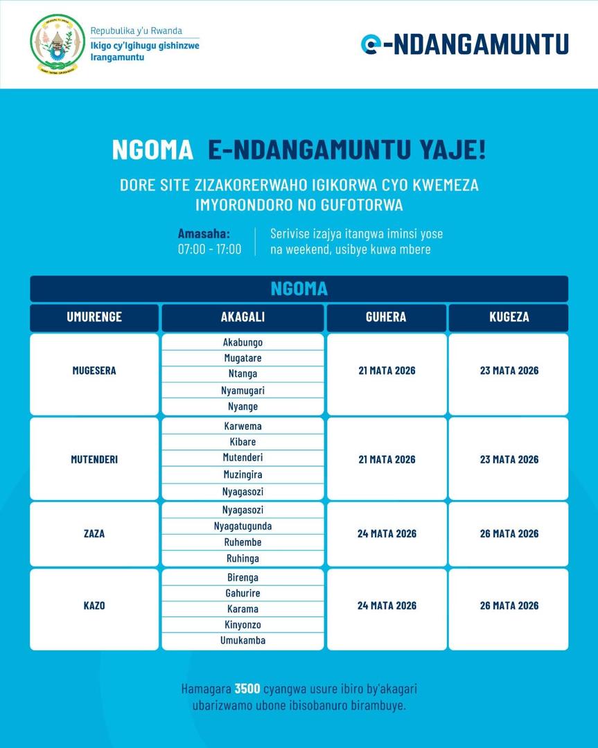 NgomaDistrict's tweet photo. Mwaramutse neza?

Baturage b'Akarere ka Ngoma, 
dutangiye icyumweru cya mbere cy’igikorwa cy’iyandikwa no gufotorwa  ngo duhabwe Indangamuntu Koranabuhanga.
Uyu munsi ni imirenge ya #Mutenderi na #Mugesera.

Dore ibyo ukwiye kujya kuri site witwaje.

#E_Ndangamuntu https://t.co/XVYFW2pOr6
