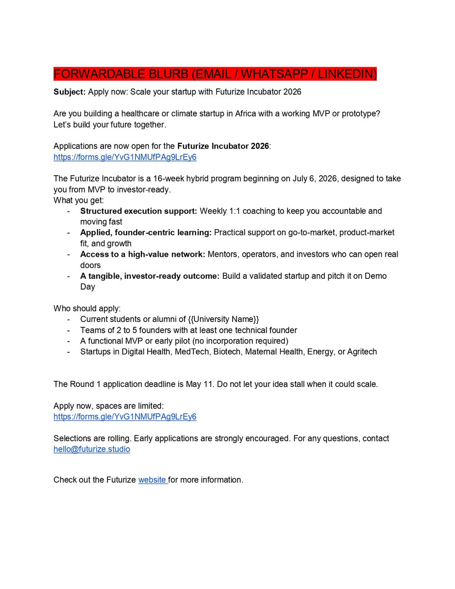 MMUST_Kenya's tweet image. Applications for the Futurize Incubator 2026 are now open! Current students and alumni are encouraged to apply. Apply here: forms.gle/YvG1NMUfPAg9Lr…
#innovations #futurize2026 #HealthTech #ClimateTech #Entrepreneurship #IchooseMMUST