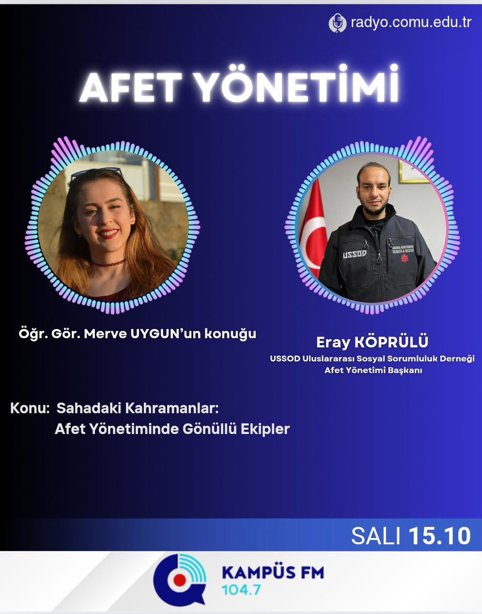 ussod_org's tweet photo. USSOD Afet Yönetimi Başkanımız Eray Köprülü, Öğr. Gör. Merve Uygun’un sunduğu Kampüs FM programına konuk oluyor.

“Sahadaki Kahramanlar: Afet Yönetiminde Gönüllü Ekipler” konusu ele alınacak.

🗓️ Bugün
⏰ 15:10
🎧 Canlı yayın: https://t.co/B6CxzgKZpF

@USSODARAMAKURTA https://t.co/Ds1HXRALzo